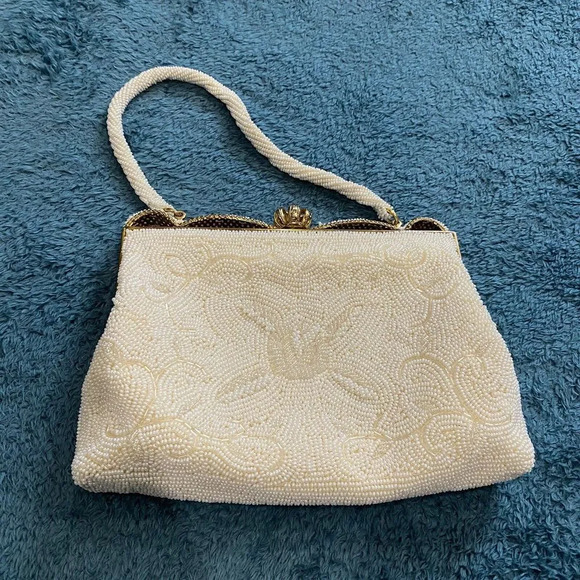 Vintage Women's Handbag Made In Japan Ivory White Italian Bead Purse Clasp - Picture 9 of 16